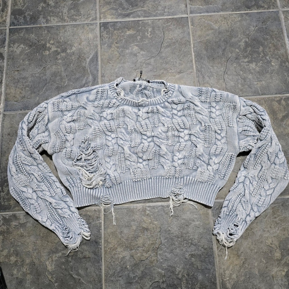 Akira Cable Knit Sweater Womens Medium Blue Distressed Cropped Cotton Grungecore